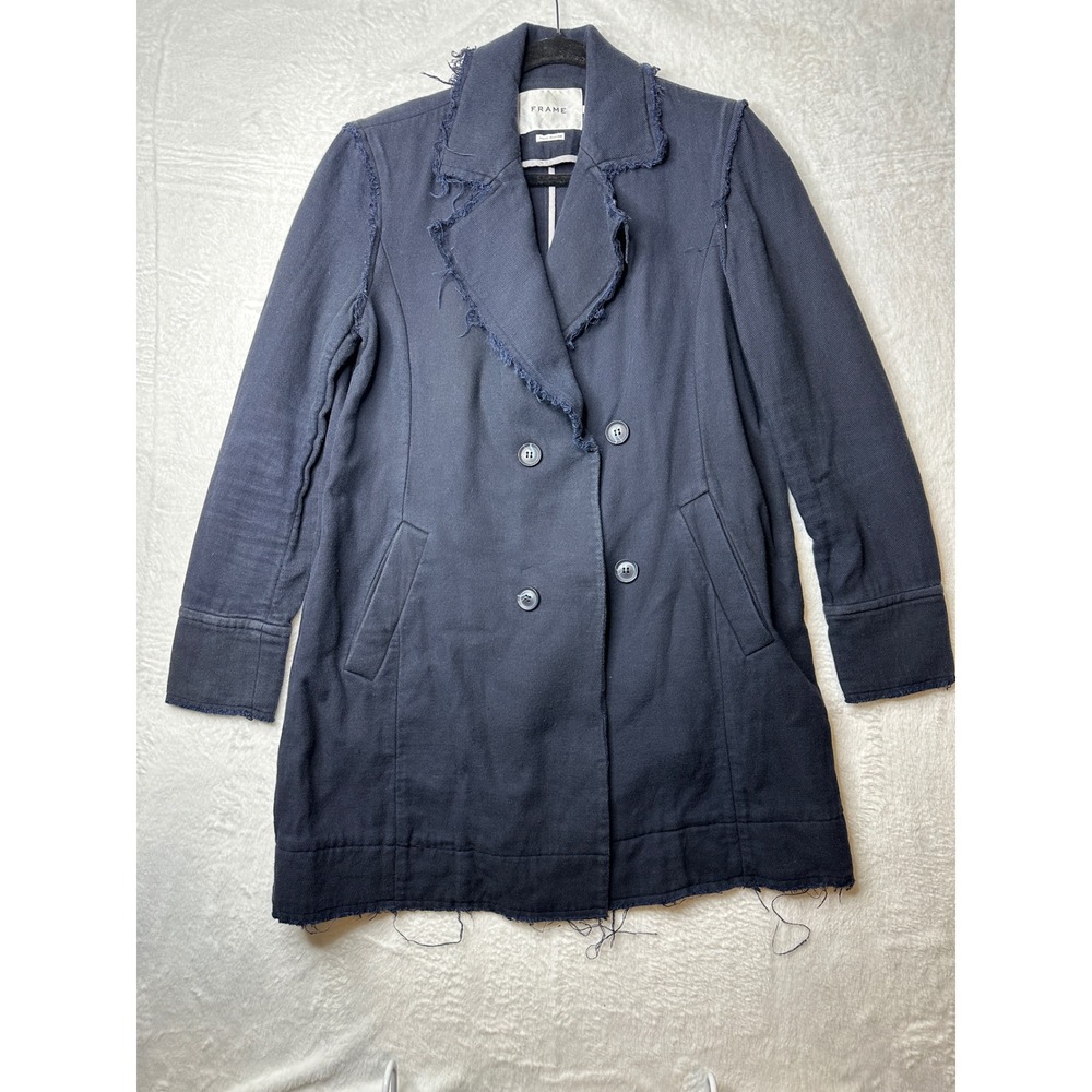 Frame Denim Raw Edge Coat Womens 6 Navy Blue Distressed Double Breasted Long